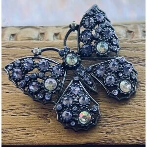 Vintage Rhinestone Butterfly Brooch Pin - Gunmetal Aurora Borealis Accent AB